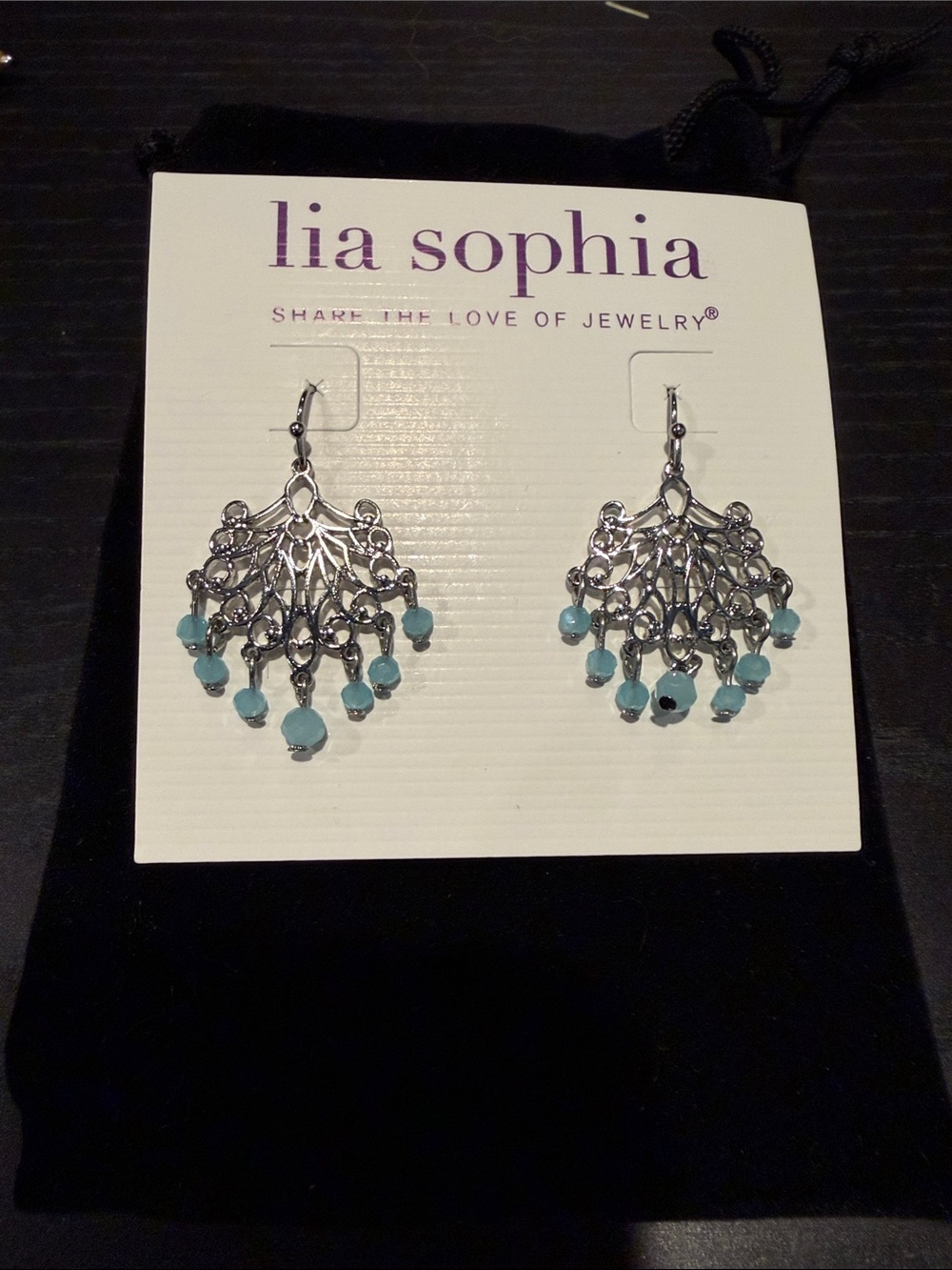 Lia Sophia Silver Filigree Chandelier Earrings with Aqua Beads
